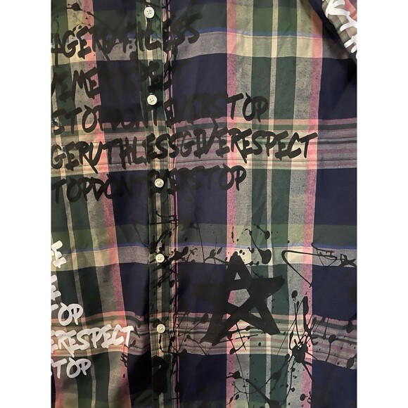 ATTITUDE PLAID Graffiti Print Plaid Button Down Shirt Men's 2XL - Picture 9 of 14